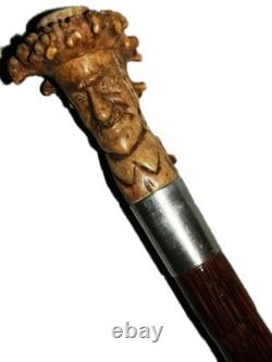 Antique British Hallmarked Silver 1903 Carved Head Folk Art Walking Stick Cane