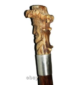 Antique British Hallmarked Silver 1903 Carved Head Folk Art Walking Stick Cane