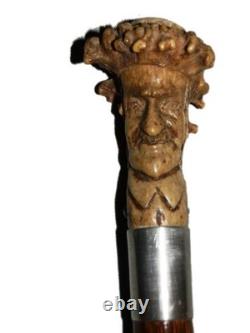 Antique British Hallmarked Silver 1903 Carved Head Folk Art Walking Stick Cane