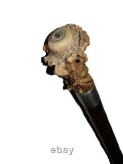 Antique British Hallmarked Silver 1903 Carved Head Folk Art Walking Stick Cane