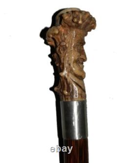 Antique British Hallmarked Silver 1903 Carved Head Folk Art Walking Stick Cane