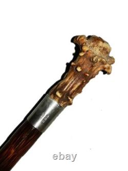 Antique British Hallmarked Silver 1903 Carved Head Folk Art Walking Stick Cane