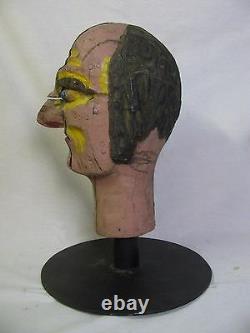 Antique Carnival Amusement Game Charlie's Hat Folk Art Carved Wooden Head