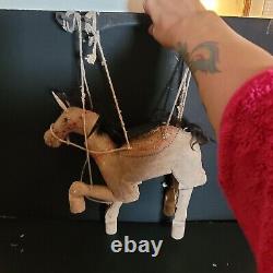 Antique Carved Folk Art Horse Donkey Mule Marionette Puppet Real Hair