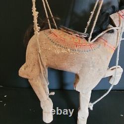 Antique Carved Folk Art Horse Donkey Mule Marionette Puppet Real Hair