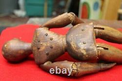 Antique Carved Jointed Wood Folk Art Artist Model Manniquin Lay Figure 13 Tall