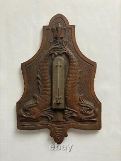 Antique Carved Oak & Brass Thermometer w Dolphins Folk Tramp Art Black Forest