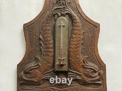 Antique Carved Oak & Brass Thermometer w Dolphins Folk Tramp Art Black Forest