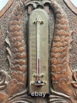 Antique Carved Oak & Brass Thermometer w Dolphins Folk Tramp Art Black Forest