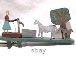 Antique Carved & Painted Wood Folk Art Whirligig Woman Pumping Water Horses Tree