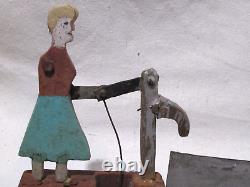 Antique Carved & Painted Wood Folk Art Whirligig Woman Pumping Water Horses Tree