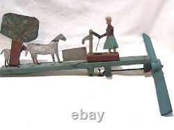 Antique Carved & Painted Wood Folk Art Whirligig Woman Pumping Water Horses Tree