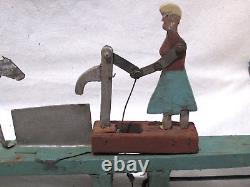 Antique Carved & Painted Wood Folk Art Whirligig Woman Pumping Water Horses Tree