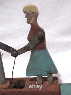 Antique Carved & Painted Wood Folk Art Whirligig Woman Pumping Water Horses Tree