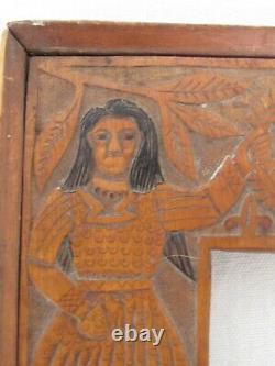 Antique Carved Wood Folk Art Frame Man and a Woman and a Castle