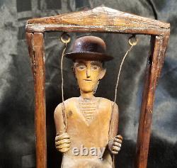 Antique Carved Wood Folk Art MAN ON A SWING Primitive One Of A Kind