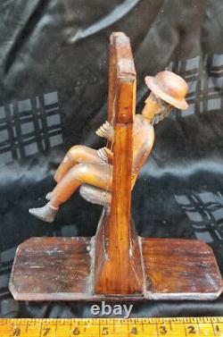 Antique Carved Wood Folk Art MAN ON A SWING Primitive One Of A Kind