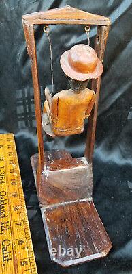 Antique Carved Wood Folk Art MAN ON A SWING Primitive One Of A Kind