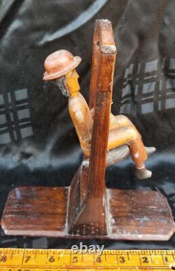 Antique Carved Wood Folk Art MAN ON A SWING Primitive One Of A Kind