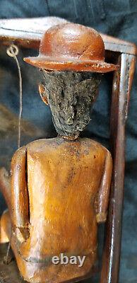 Antique Carved Wood Folk Art MAN ON A SWING Primitive One Of A Kind