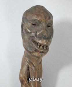 Antique Carved Wood Folk Art Primitive Walking Stick Handle Grotesque Face Skull