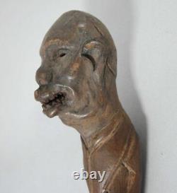 Antique Carved Wood Folk Art Primitive Walking Stick Handle Grotesque Face Skull