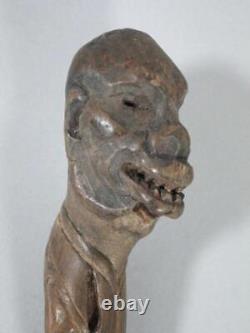 Antique Carved Wood Folk Art Primitive Walking Stick Handle Grotesque Face Skull