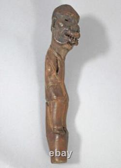 Antique Carved Wood Folk Art Primitive Walking Stick Handle Grotesque Face Skull
