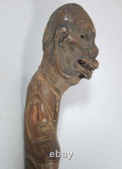 Antique Carved Wood Folk Art Primitive Walking Stick Handle Grotesque Face Skull
