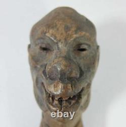 Antique Carved Wood Folk Art Primitive Walking Stick Handle Grotesque Face Skull