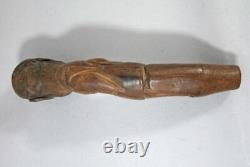 Antique Carved Wood Folk Art Primitive Walking Stick Handle Grotesque Face Skull