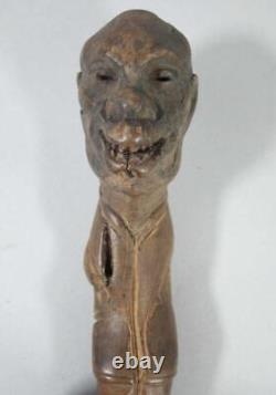 Antique Carved Wood Folk Art Primitive Walking Stick Handle Grotesque Face Skull