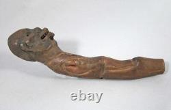 Antique Carved Wood Folk Art Primitive Walking Stick Handle Grotesque Face Skull