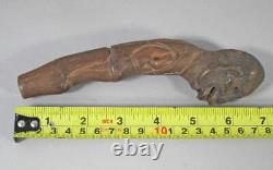 Antique Carved Wood Folk Art Primitive Walking Stick Handle Grotesque Face Skull