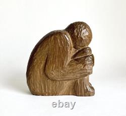 Antique Carved Wood Kneeling Figure Folk Art Art Deco Signed Moody WPA Style