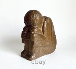 Antique Carved Wood Kneeling Figure Folk Art Art Deco Signed Moody WPA Style