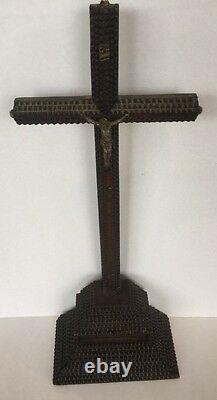 Antique Carved Wood Tramp Art Crucifix Jesus Cross Folk Art