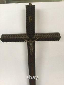 Antique Carved Wood Tramp Art Crucifix Jesus Cross Folk Art