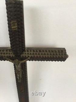 Antique Carved Wood Tramp Art Crucifix Jesus Cross Folk Art