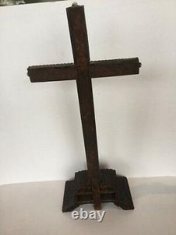 Antique Carved Wood Tramp Art Crucifix Jesus Cross Folk Art