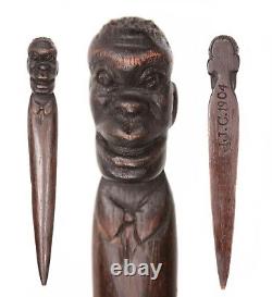 Antique Carved Wooden Folk Art Letter Opener Dated 1904 Black Americana Old Man
