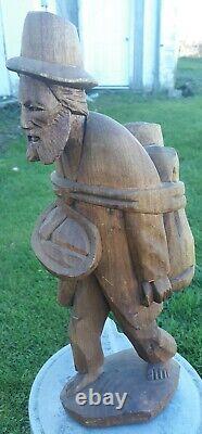 Antique Carved Wooden Folk Art Sculpture Traveling Homeless Man 16.5 Hobo
