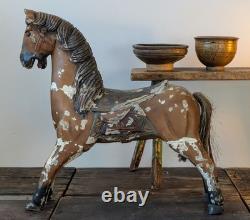 Antique Carved Wooden Horse, Hand Painted Folk Art Primitive Carousel Style