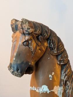 Antique Carved Wooden Horse, Hand Painted Folk Art Primitive Carousel Style