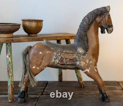 Antique Carved Wooden Horse, Hand Painted Folk Art Primitive Carousel Style