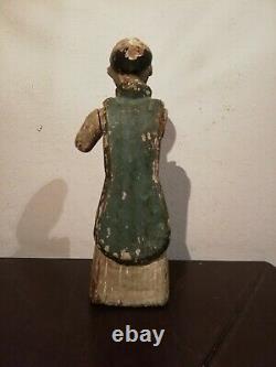Antique Carved Wooden statue Santo saint glass eyes Mexican folk art