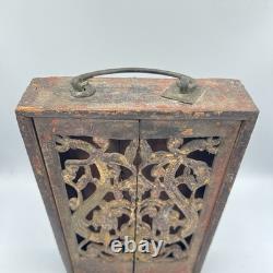 Antique Chinese Carved Wood Shrine Cabinet Dragons Gilt Red Lacquer Folk Art