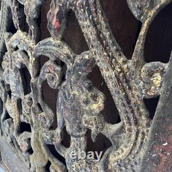 Antique Chinese Carved Wood Shrine Cabinet Dragons Gilt Red Lacquer Folk Art