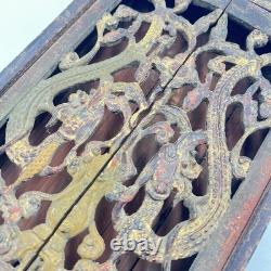 Antique Chinese Carved Wood Shrine Cabinet Dragons Gilt Red Lacquer Folk Art