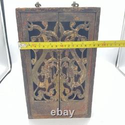 Antique Chinese Carved Wood Shrine Cabinet Dragons Gilt Red Lacquer Folk Art